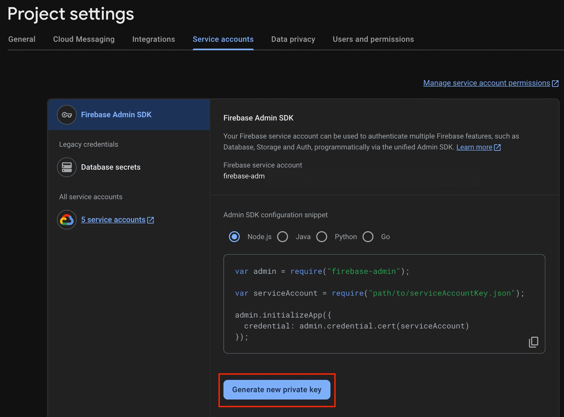 Firebse service account private key