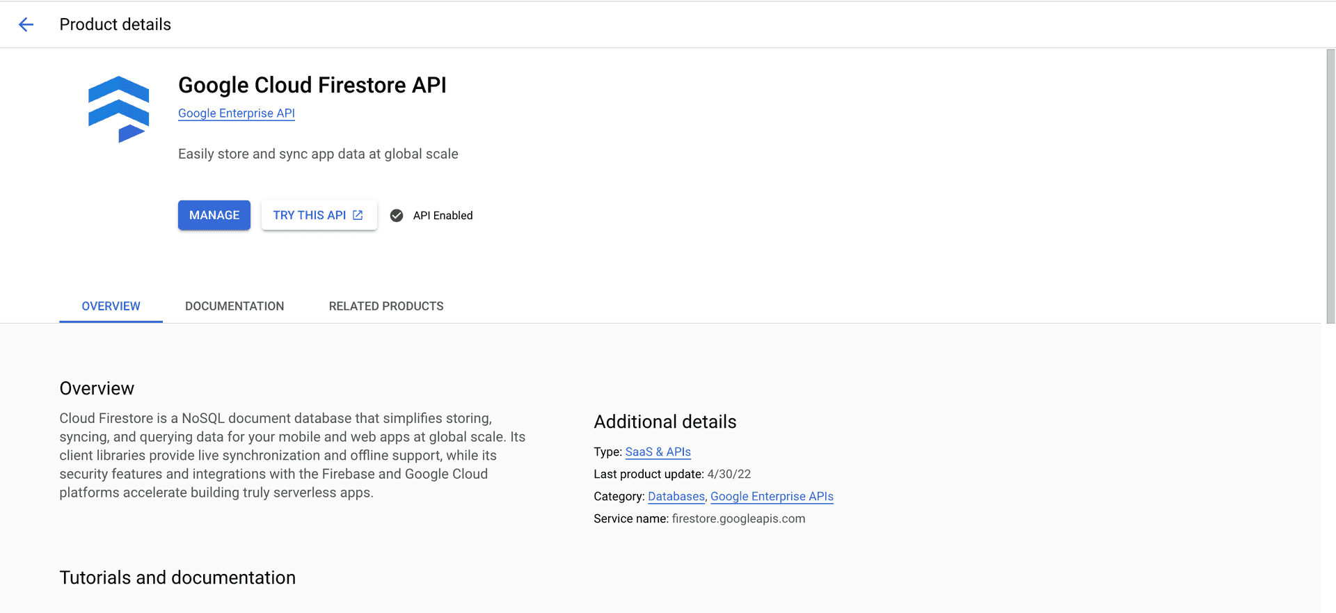 Google Cloud Firestore API enabled